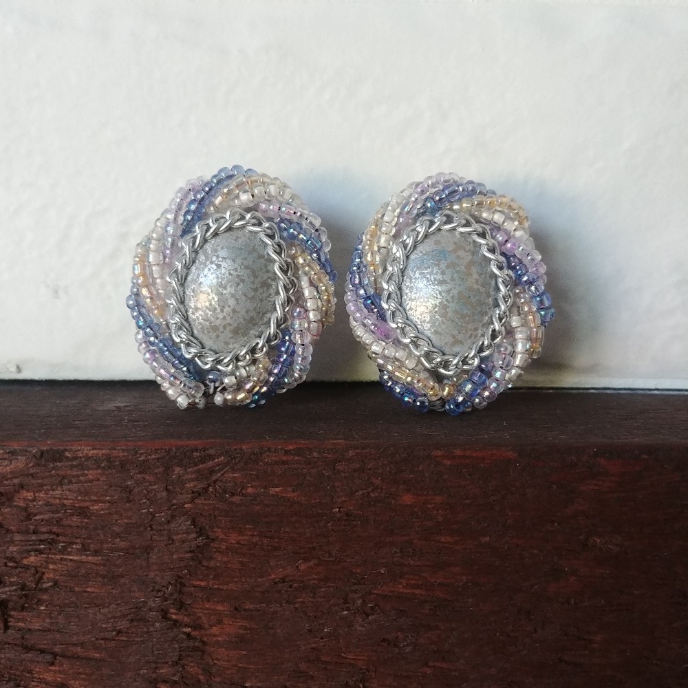 Vintage large beaded earrings blue silver purple